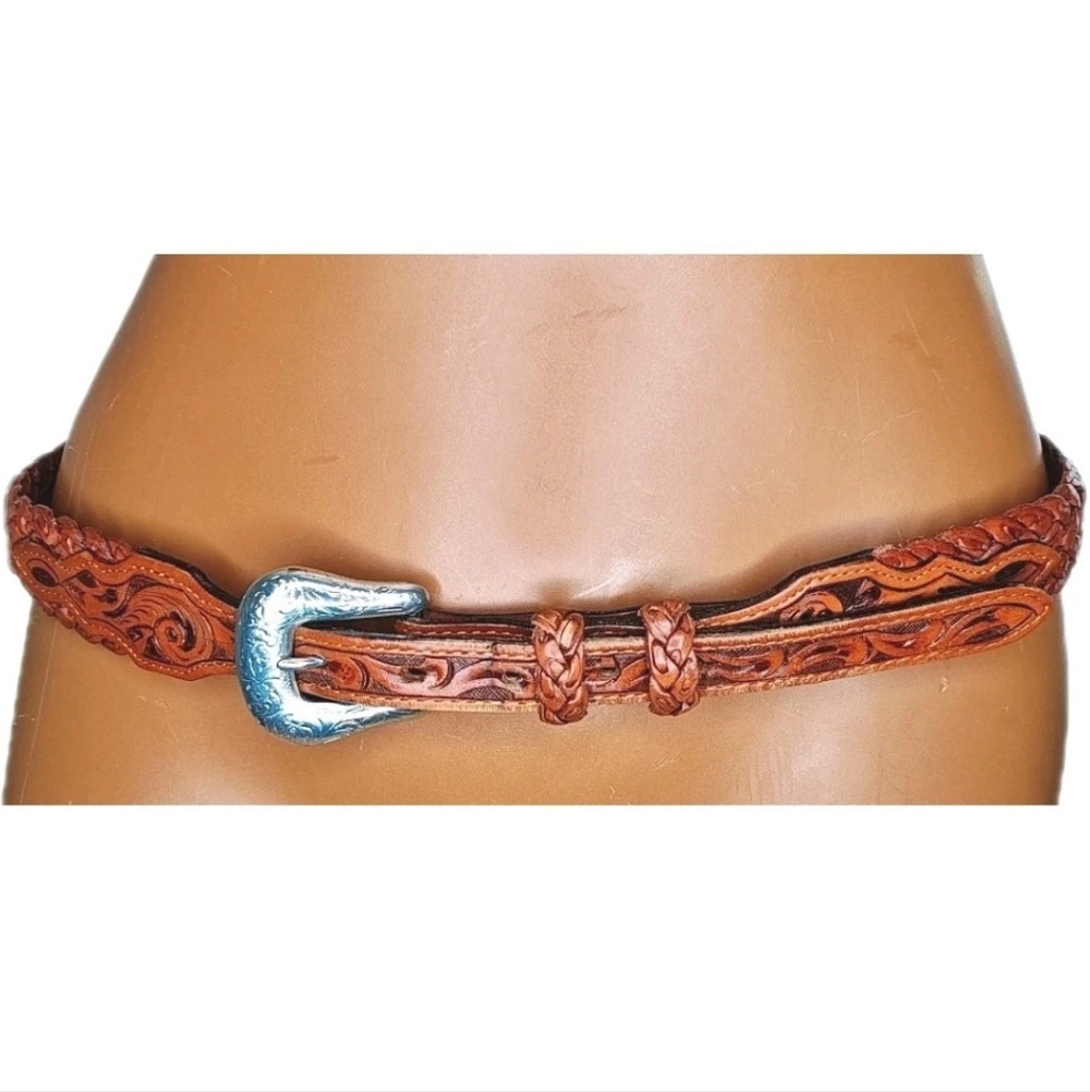Vtg Nocona Hand Crafted Braided Brown Leather Belt Sz 34 Western Etched Buckle